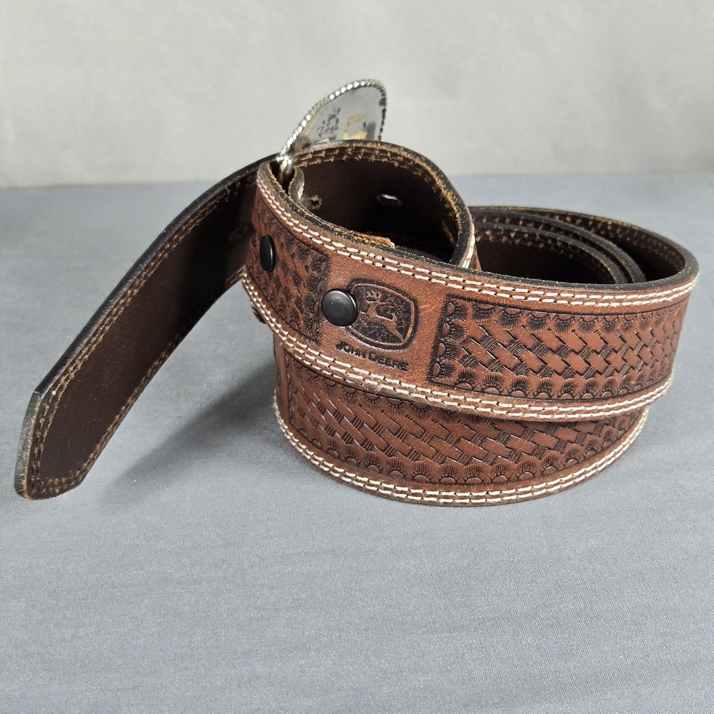 Vintage John Deere Mens 44 Belt Brown Leather Basketweave Tooled Western 90s - Picture 2 of 12